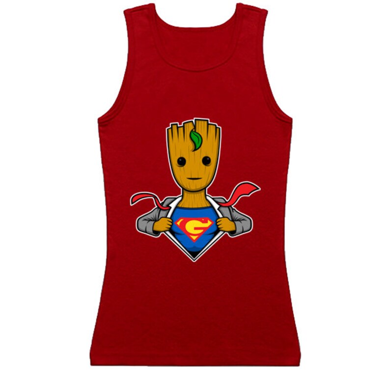 May include: Red tank top with a graphic of a cartoon character, Groot, dressed as Superman. The character is wearing a suit and has a Superman logo on his chest.