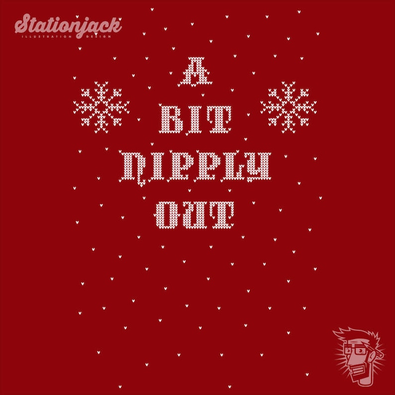 May include: A red background with white snowflakes and the text "A BIT RIPPLY OUT" in a pixelated font.