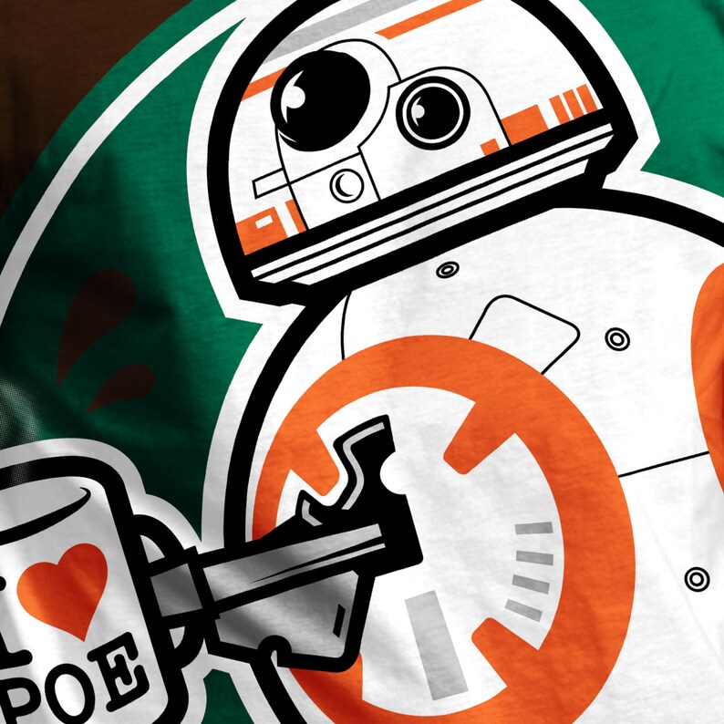 May include: A white and orange cartoon robot with a black arm holding a coffee mug that says "I love Poe". The robot is on a green background.