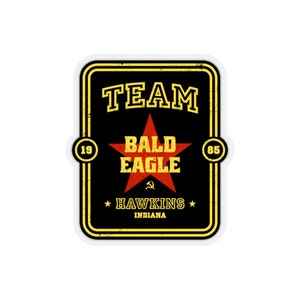 May include: A black and yellow sticker with the text "TEAM BALD EAGLE" in a yellow star with a red centre. The text "HAWIKNS INDIANA" is below the star. The numbers "19" and "85" are on either side of the star.