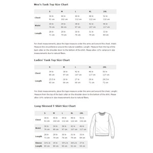 May include: Size chart for tank tops and long-sleeved t-shirts. The chart shows measurements in inches and centimeters for chest, waist, length, and sleeve length. The chart includes sizes S, M, L, XL, and 2XL.