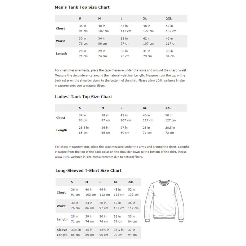 May include: Size chart for tank tops and long-sleeved t-shirts. The chart shows measurements in inches and centimeters for chest, waist, length, and sleeve length. The chart includes sizes S, M, L, XL, and 2XL.