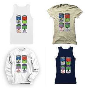 May include: Four different tank tops featuring a design of four soup cans with the Batman and Robin logos. The cans are labeled "Bat Soup", "Robin Soup", "Ha Ha Ha Soup", and "Riddled Soup".