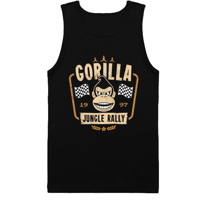 May include: Black tank top with a vintage-style graphic of a gorilla wearing a racing helmet and holding a checkered flag. The graphic says "Gorilla Jungle Rally" with the numbers 19 and 97 on either side.