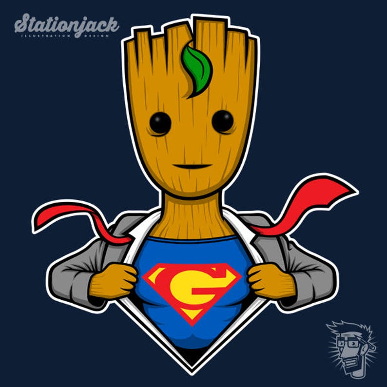 May include: A cartoon illustration of a wooden character with a green leaf on its head, wearing a gray suit jacket and red tie, revealing a blue Superman-like costume with a yellow letter 'G' on the chest.