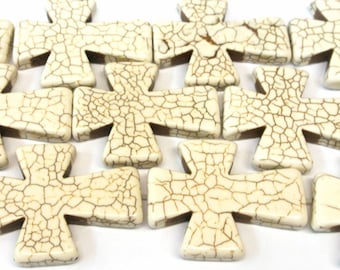 White / Cream Cross Beads, Large Crosses, 50x40mm Magnesite Cross, White Howlite Crosses, 16" Strand, 8 PCS, Cross Jewelry, Wholesale Beads