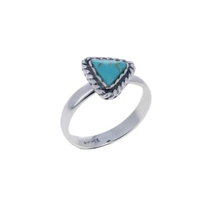 Genuine Turquoise Triangle Ring Band with Braided Border, 925 Sterling Silver Band with Genuine Turquoise Cut, Boho and Western Style