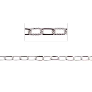 May include: A silver-colored chain with oval links. Each oval link is connected by a smaller, twisted link. The chain is displayed against a white background. The chain is a jewelry component.