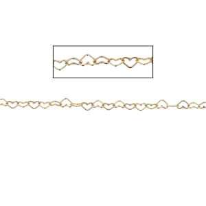 May include: A gold-colored chain featuring a repeating heart design. The chain is composed of interconnected heart-shaped links, creating a delicate and romantic aesthetic. The chain is shown against a white background.