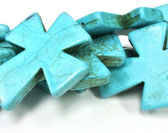 Turquoise Cross Beads, Large Crosses, 50x40mm Magnesite Cross, Turquoise Howlite Crosses, 16" Strand, 8 PCS, Cross Jewelry, Wholesale Beads