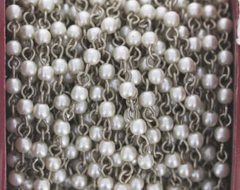 Glass Pearl Rosary Style Chain by the Foot, 1ft Included, Brass Wire Chain, 4mm Glass Pearls for Crafting and More