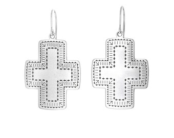 Sterling Silver, Southwest Cross Earrings, Dangle Cross Earrings, 25x30mm, 925