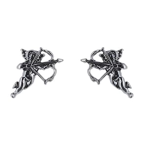 May include: A pair of silver earrings featuring a cherub holding a bow and arrow.