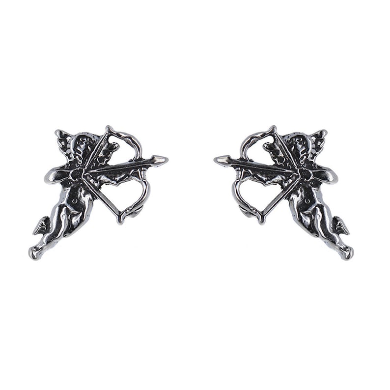 May include: A pair of silver earrings featuring a cherub holding a bow and arrow.