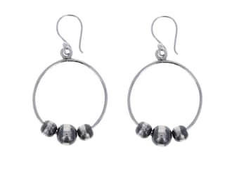 Navajo Style Hoop Earrings, Sterling Silver Hoops with 4mm and 6mm Navajo Pearls, Small Hoop Earrings, Unique Styled Hoops