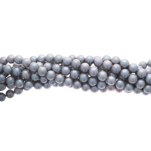 May include: A strand of grey freshwater pearls. The pearls are round and smooth, and they are strung on a clear thread.