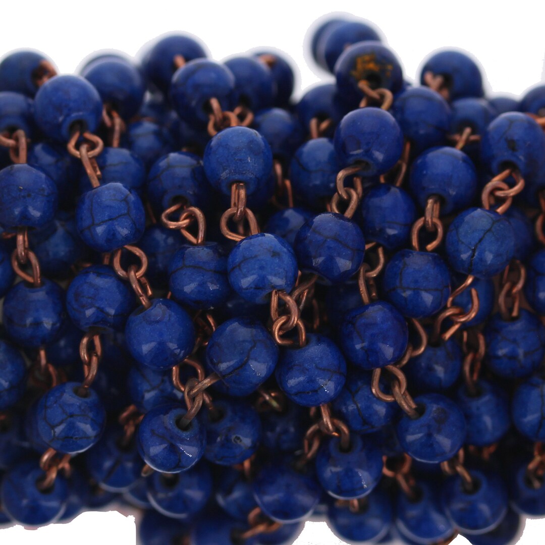 Lapis 6mm Chain by the Foot, Genuine Lapis Stone With Brass Wire Chain