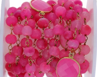 Pink Chalcedony Rosary Style Chain by the Foot, 1ft Included, 14kt Vermeil, 6 to 7mm Genuine Chalcedony Beads and Large Pink Accented Bead