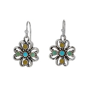 Sterling Silver, Multistone Floral Drops, Dangle and Drop Earrings, Turquoise and Lime Turquoise, Earrings, 925 Sterling Silver
