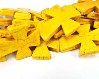 8 PCS, Yellow Cross Beads, Large Crosses, 50x40mm Magnesite Crosses, Yellow Howlite Crosses, 16" Strand, Cross Jewelry, Wholesale Beads