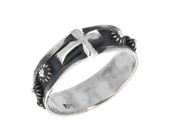 Sterling Silver, Side Cross Rosary Ring, Antiqued, Band Ring, Religious, Genuine Vintage Silver, 5mm Wide, 925