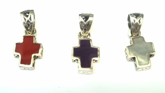 Sterling Silver ,Red Onyx, Mother of Pearl or Purple Stone cross with filigree for charm bracelet or necklace, Small Cross , Sterling Silver