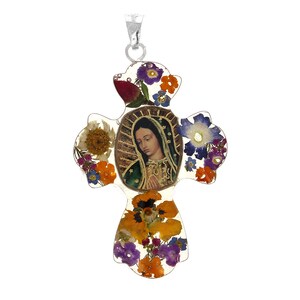 Argento sterling, Croce Guadalupe sterling, Ciondolo floreale Guadalupe, Argento genuino .925, Vergine Guadalupe, Ciondolo Croce di Maria 1,75&quot;, 925