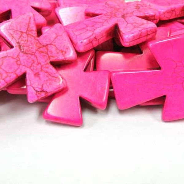 BIG SALE Pink Cross Beads, Large Crosses, 50x40mm Magnesite Crosses, Hot Pink Crosses, 16" Strand, 8 PCS, Cross Jewelry, Wholesale Beads