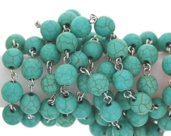Turquoise Magnesites Rosary Style Chain by the Foot, 1ft Included, Silver Plated, 7mm Genuine Stones for Crafting and More