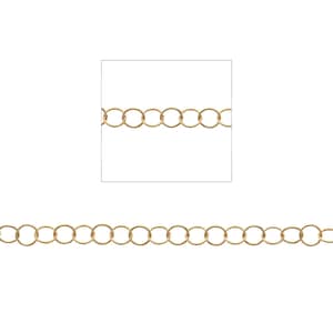 May include: A gold-colored chain with textured, open oval links. The chain is displayed against a white background, with a close-up square inset of the chain in the upper left corner. The chain is a jewelry component.
