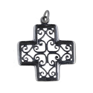 Sterling Silver, Swirl Detail Cross Charm, Squared Cross Charm, Charm with Open Jump Ring, 28mm, Religious Charm, Cross Charm, CH2037