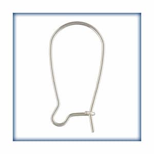 May include: A single silver-colored earring hook, crafted from a thin, curved wire. The hook features a looped top and a curved bottom with a small, straight post for securing the earring. The design is simple and elegant.