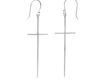 Sterling Silver, Today's Cross Earrings, Thin lightweight Cross Earrings, 925, Long Dangle Earrings, High Polished Silver