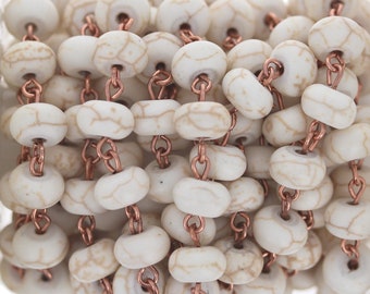 White Magnesite Rosary Style Chain by the Foot, 1ft Included, Brass Wire, 5mm White Magnesite for Crafting and More