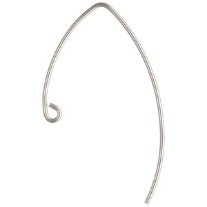 May include: Silver earring with a simple, curved design. The earring is made of a single piece of wire that is bent into a loop at the top and then curves down to a point at the bottom.