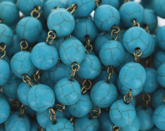 Turquoise Magnesite Chain by the Foot, 8mm Genuine Stone, 2ft Included, Silver Brass Wire in Rosary Style Chain, Great for Crafting and More