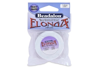 May include: White Beadalon Elonga Multi-Strand Stretchy Bead Stringing Cord, 1.0mm (.039") thick, 25 meters (82 feet) long.  Silky soft.