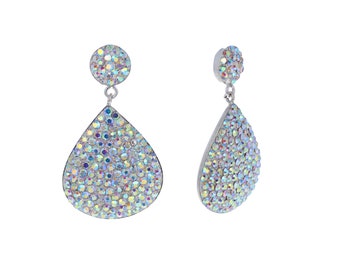 AB Crystal Teardrop Dangle Earrings, AB Clear Irredescent Drop Earrings, Beautiful Statement Earrings with Post Dangle, Sterling Silver, 925