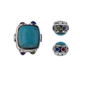 Sterling Silver, Reversible Turquoise Center Station, Focal Bead, Filigree Bead, Turquoise Bead, Multistone, Lapis, Red Onyx, Purple & Green