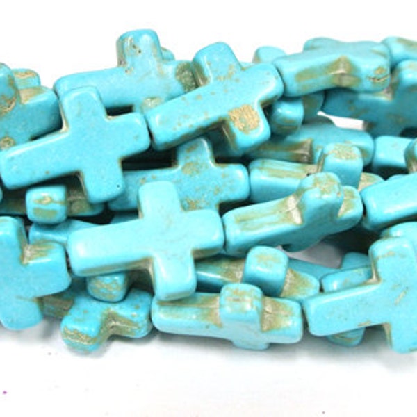 Turquoise Cross Beads, Stone Crosses, 15x12mm Magnesite Cross, Turquoise Howlite Crosses, 16" Strand, 24 PCS, Cross Jewelry, Wholesale Beads