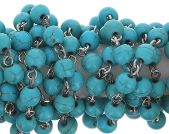 Turquoise Magnesite Chain by the Foot, 5mm Genuine Stone, 1ft Included, Silver Brass Wire in Rosary Style Chain, Great for Crafting and More