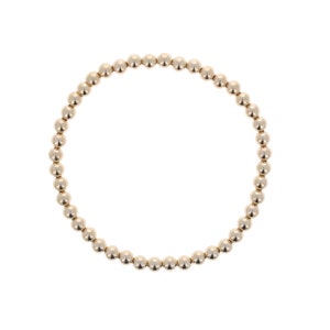 May include: A gold beaded bracelet. The bracelet is made of small, round, gold-colored beads strung together to form a circular shape. The beads have a shiny, reflective surface. The bracelet is displayed against a white background.