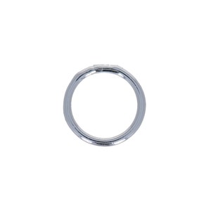 May include: A silver metal key ring with a circular shape.