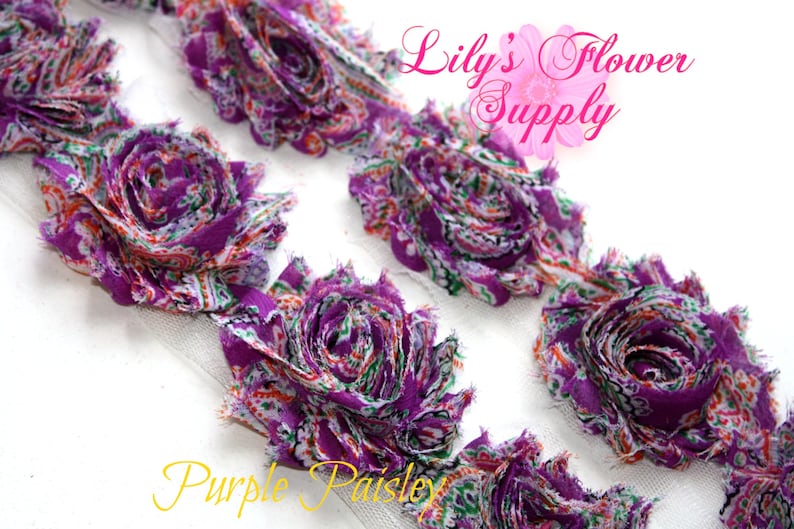 Shabby Flower Shabby Chic Shabby Rose trim Wholesale Purple Paisley Rose Trim Chiffon Flower Purple Paisley Shabby Flower Trim