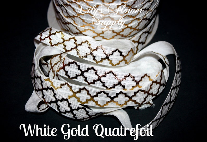 Fold Over Elastic Elastic by the yard Foil Elastic Metallic Print Elastic Shiny Elastic FOE White Gold Quatrefoil 2 yards