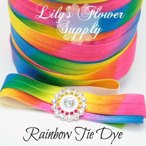 5 yards - Rainbow Tie Dye - 5/8 Fold Over Elastic - FOE - Leopard - Foldover Elastic - Elastic By Yard - Shiny Elastic - DIY - Headband