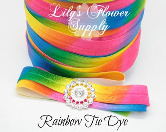 5 yards - Rainbow Tie Dye - 5/8 Fold Over Elastic - FOE - Leopard - Foldover Elastic - Elastic By Yard - Shiny Elastic - DIY - Headband