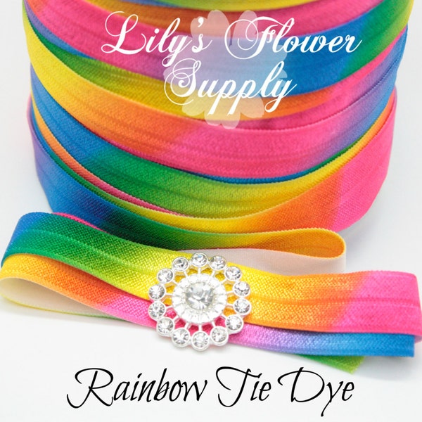 5 yards - Rainbow Tie Dye - 5/8 Fold Over Elastic - FOE - Leopard - Foldover Elastic - Elastic By Yard - Shiny Elastic - DIY - Headband