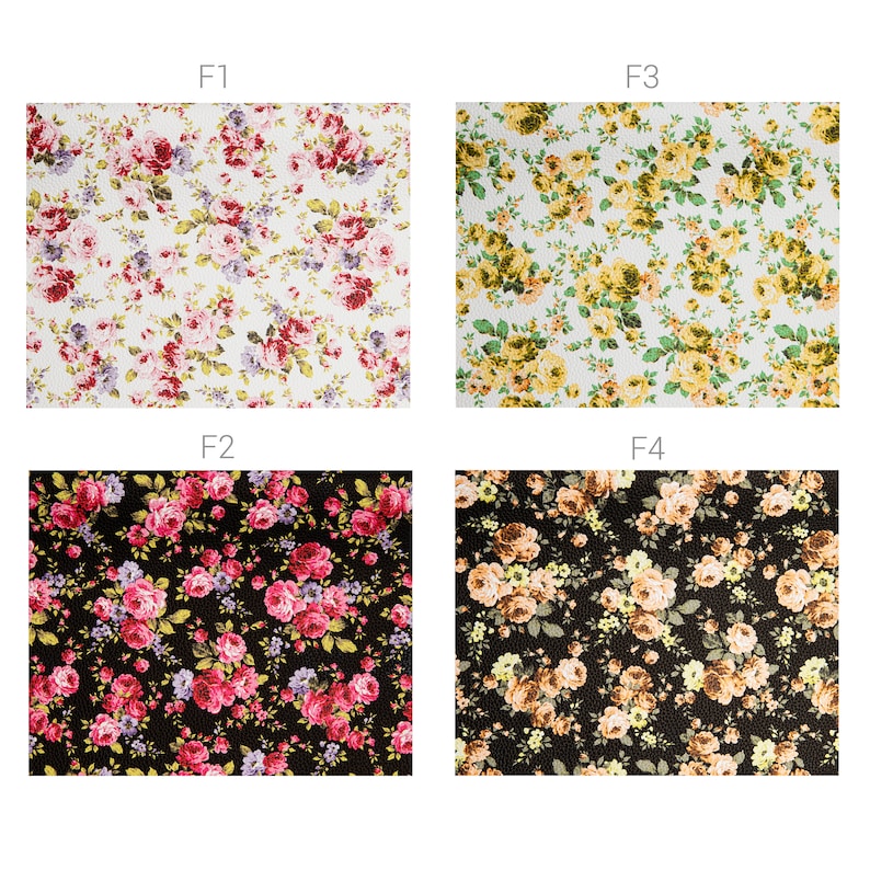 May include: Four fabric swatches with floral patterns. The top left swatch has a white background with pink, red, and purple flowers. The top right swatch has a white background with yellow and green flowers. The bottom left swatch has a black background with pink, red, and purple flowers. The bottom right swatch has a black background with orange, yellow, and brown flowers.