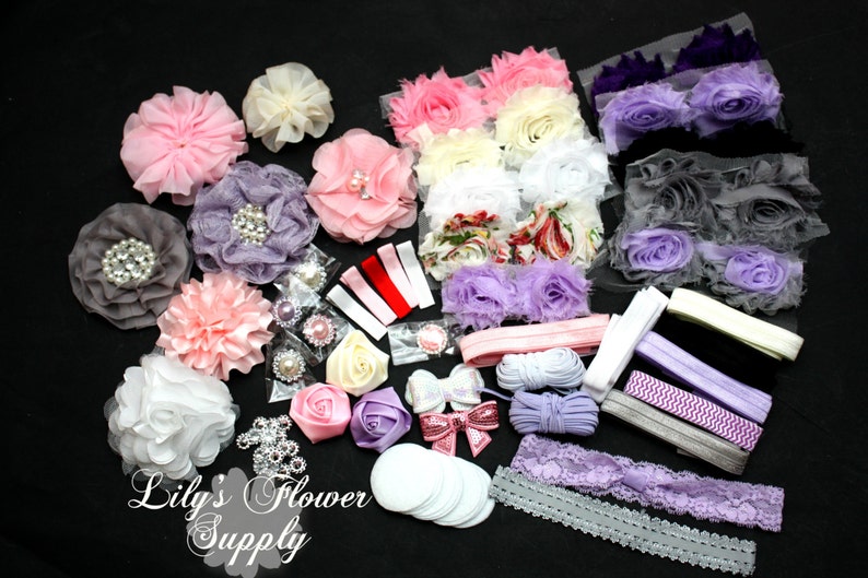 Deluxe DIY Hair Bow Kit Grab Bag Baby Shower Headband Station Kit 30 Headbands 5 Clips Baby Shower Headband Kit Shabby Flowers